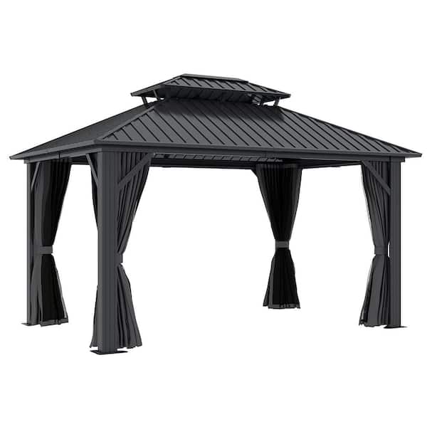12 ft. x 14 ft. Outdoor Galvanized Hardtop Gazebo Aluminum Double Roof with Netting and Privacy Curtains