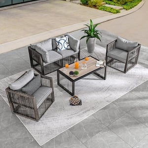 5-Piece Wicker Patio Conversation Deep Seating Set with Gray Cushions