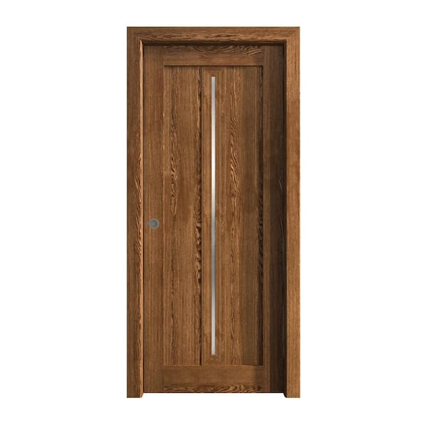 Sartodoors 42 in. x 96 in. Frosted Glass Cognac Oak Solid Wood Pocket Door With Hardware