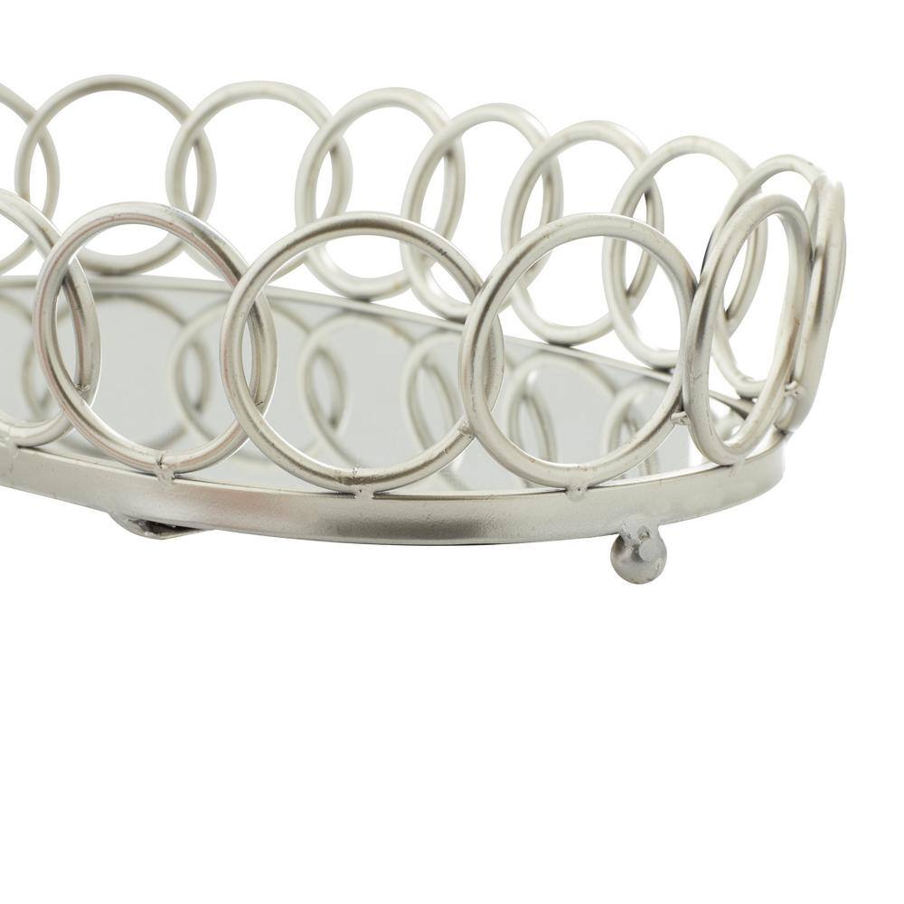 Elegant Silver Mirrored Oval Tray Set, 22" & 18"W with Geometric Pattern