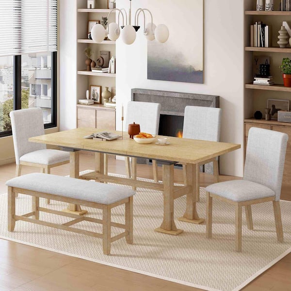 6-Piece Farmhouse Natural Extendable Wood Top Dining Room Set Seats 5