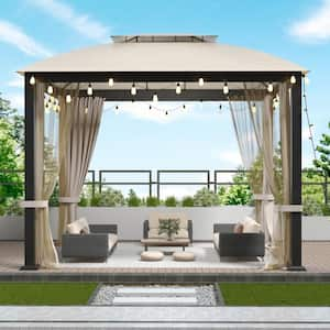 10 ft. x 10 ft. Galvanized Steel Gazebo with Beige Curtains and Netting, for Patio, Garden, Backyard