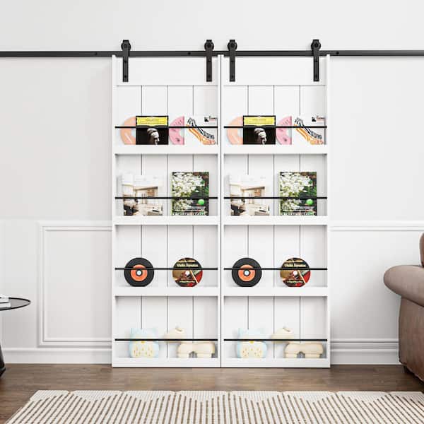 60 in. x 84 in. White Primed Composite MDF Shelves Sliding Barn Door with Hardware Kit