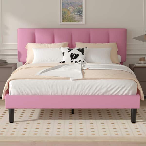 VECELO Upholstered Bedframe, Pink Metal Frame Queen Platform Bed with Adjustable Headboard, Wood Slat, No Box Spring Needed