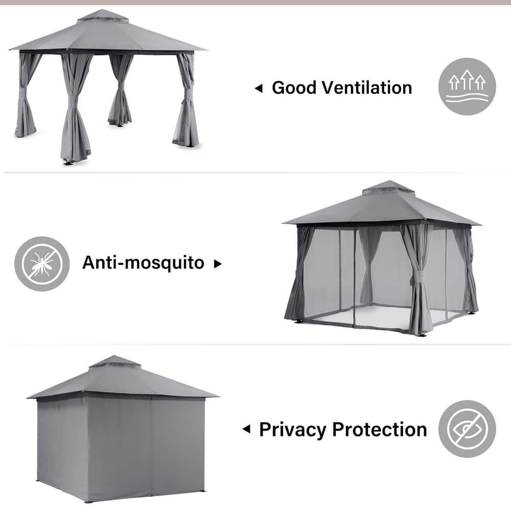 Gray 10'x10' Steel Patio Gazebo with Double Roof and Mosquito Netting