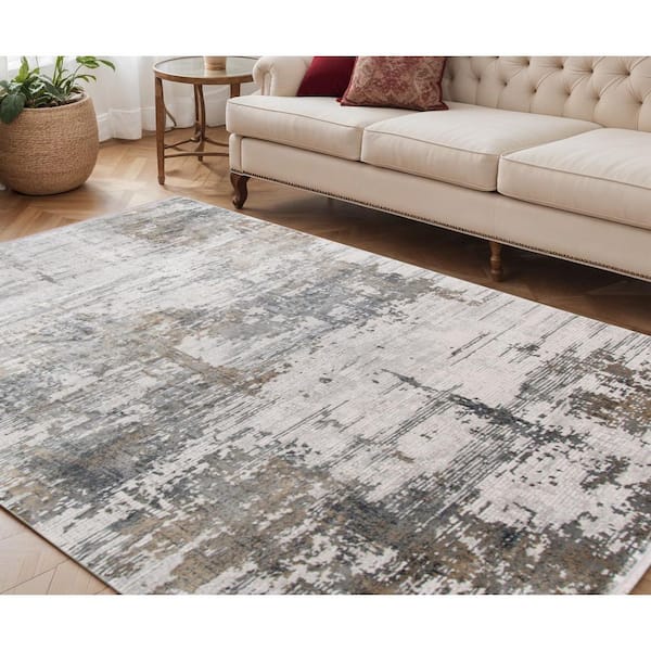 5 ft. x 8 ft. Ivory Gray and Brown Abstract Area Rug with Fringe