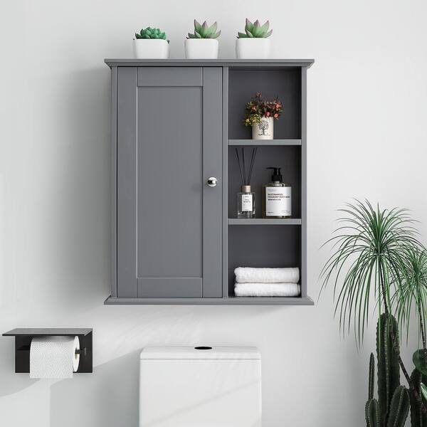 Dracelo 16.5 in. W x 6.5 in. D x 27.5 in. H Grey Wooden Bathroom Wall Cabinet with Adjustable Shelf and Single Door