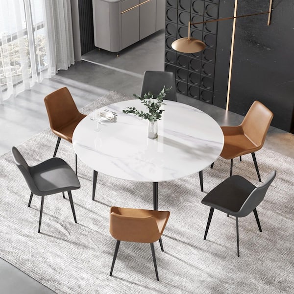 59.05 in. Modern Round Dining Table White Sintered Stone Tabletop Dining Table with Solid Black 4 Legs (Seat 8)