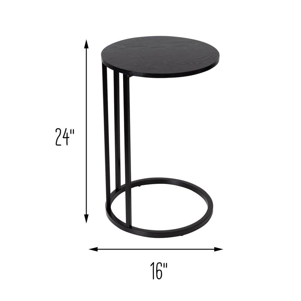 Black Round Wood and Metal C-Shaped End Table