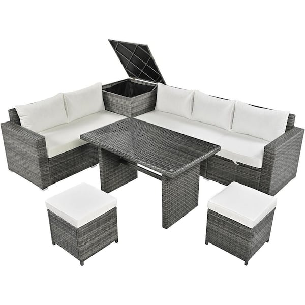 6-Piece Wicker Wood Corner Patio Outdoor 7-Seat Sectional 6-Piece Wicker Wood Corner Patio Outdoor 7-Seat Sectional