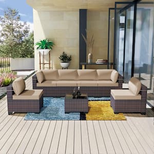 7-Piece Wicker Outdoor Sectional Set with Cushion Sand