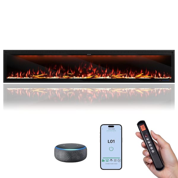 Luminara 88 in. WiFi-Enabled Recessed and Wall Mounted Electric Fireplace in Black with Alexa and Smart APP Control