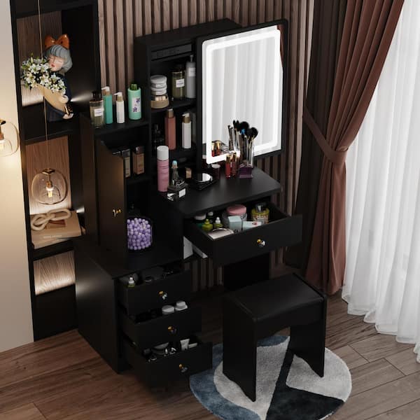 WIAWG 4-Drawers Black Wood LED Push-Pull Mirror Makeup Vanity Sets Dressing Table Sets with Stool, Door Cabinet, Shelves
