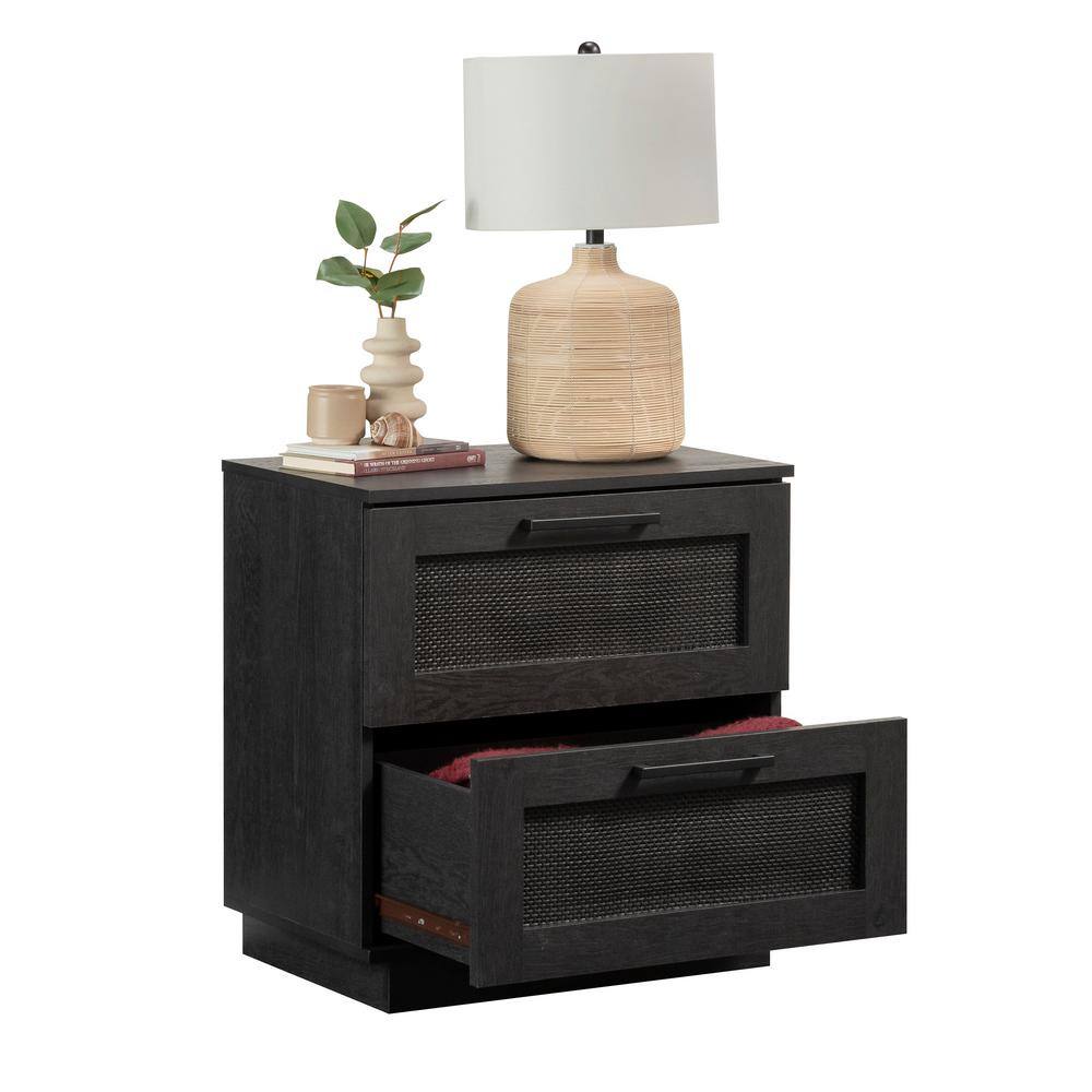 Raven Oak 2-Drawer Rattan Nightstand