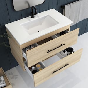 Napa 36 W x 22 D x 21-3/8 H Single Sink Bathroom Vanity Wall Mounted in White Oak with White Quartz Countertop