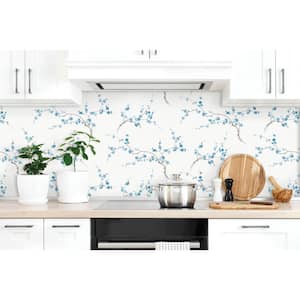 Cherry Blossom Pacific Blue And White Floral Vinyl Peel & Stick Wallpaper Roll (Covers 30.75 Sq. Ft.)