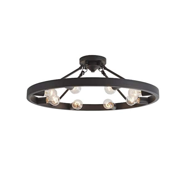 Caterina 28 in. 8-Light Metal Round Wagon Wheel Black Rustic Semi-Flush Mount
