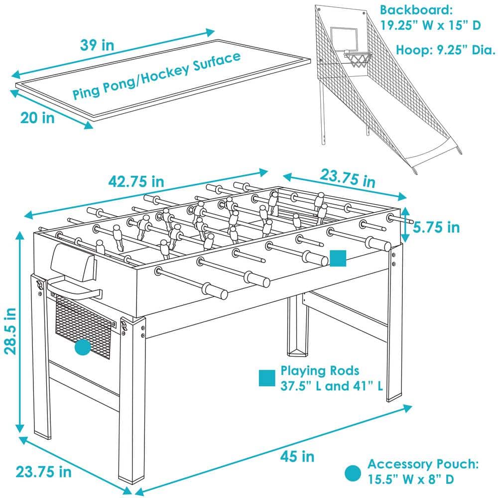 Multicolor 45-Inch 5-in-1 Multi-Game Table with Billiards, Foosball, Ping Pong, Hockey, and Basketball