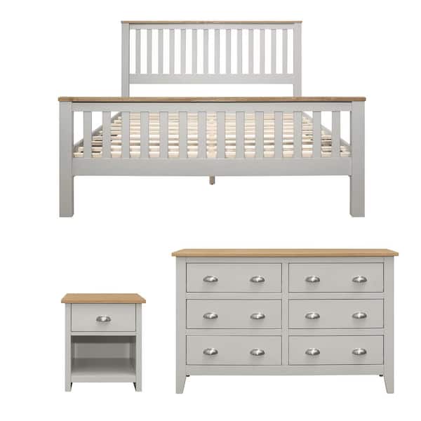 Utopia 4niture Kiena 3-Piece Bedroom Set in Gray Queen Size Bed, Nightstand and Dresser