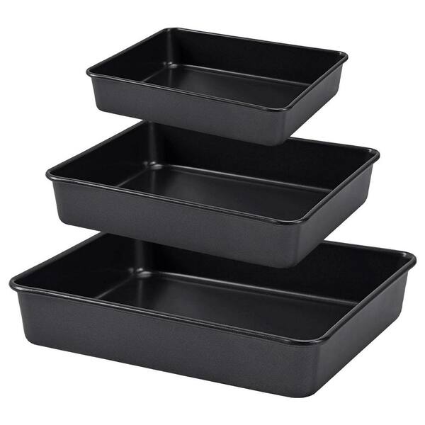 Nonstick Deep Baking Pan Set 3 Piece Black Heavy-Gauge Steel Oven Safe Roasting Bakeware with Rack