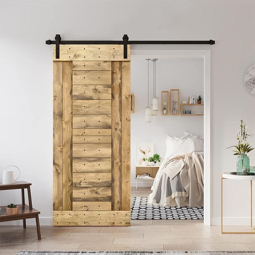 Weather Oak Stained Knotty Pine Wood Sliding Barn Door Kit with Matte Black Hardware
