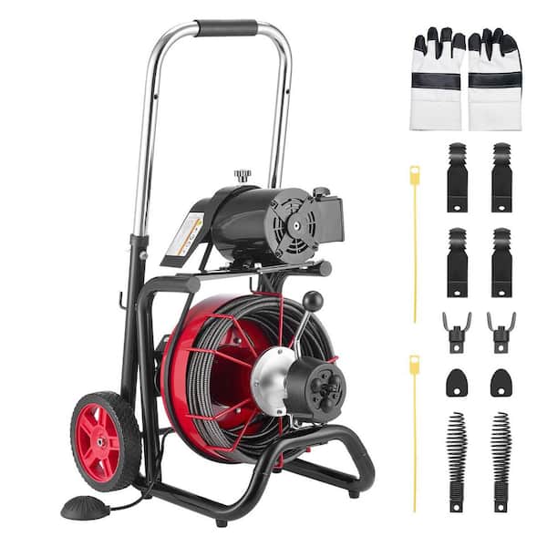 Drain Cleaner Machine 100 ft. x 1/2 in., Auto Feed Sewer Snake Auger on Wheels, 8-Cutters and Air-Activated Foot Switch