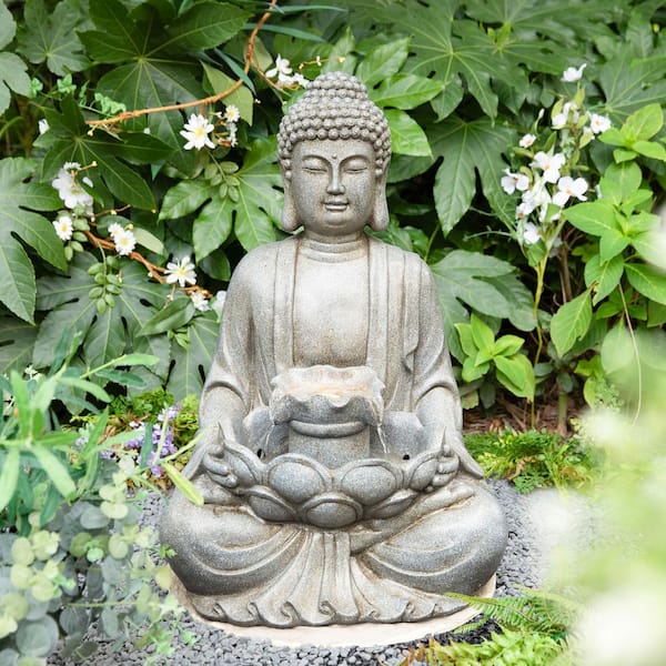 28.25 in. H Zen Style Concrete Meditating Buddha Statue Polyresin Outdoor Waterfall Fountain with Pump and LED Light