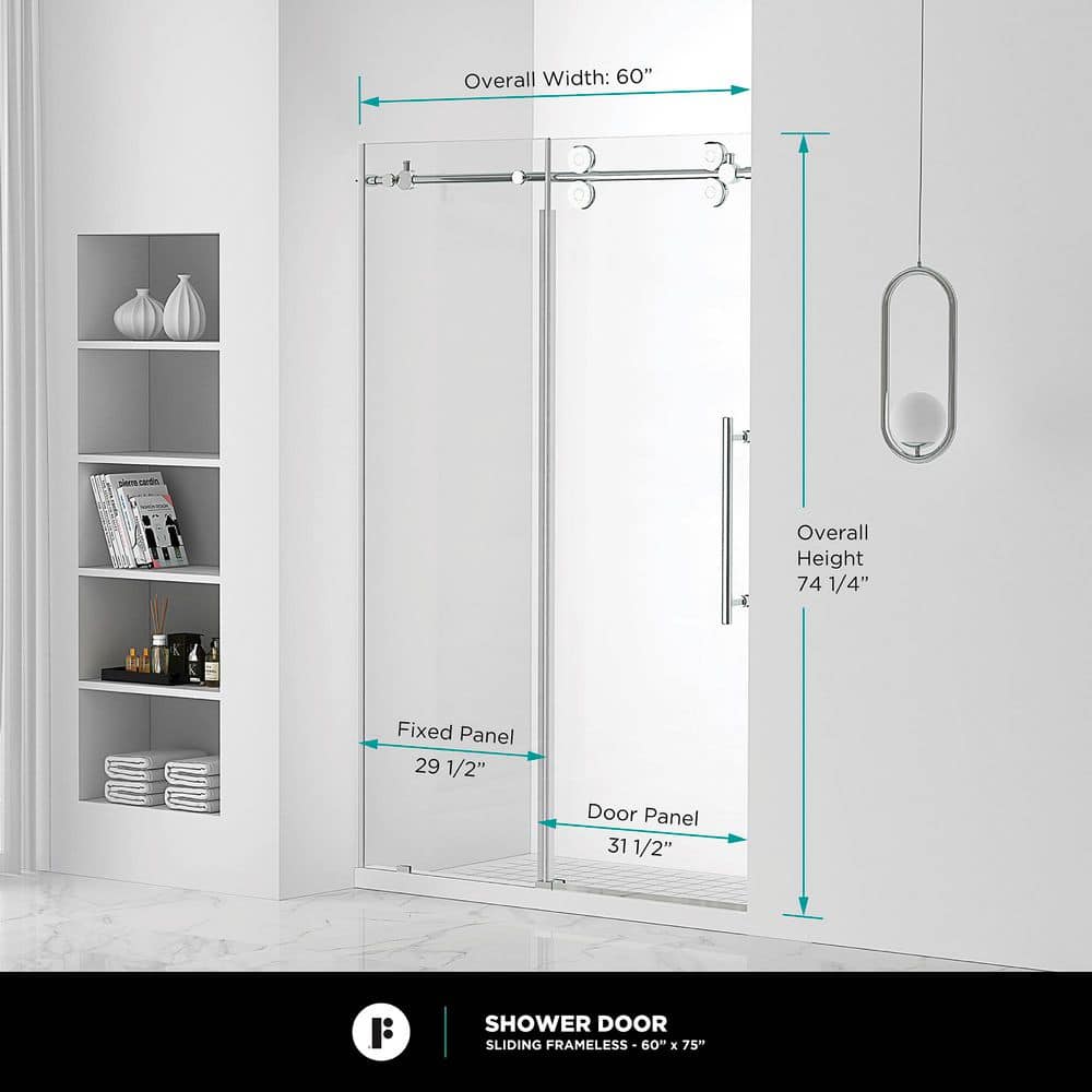 60'' Polished Chrome Frameless Sliding Shower Door with Clear Tempered Glass