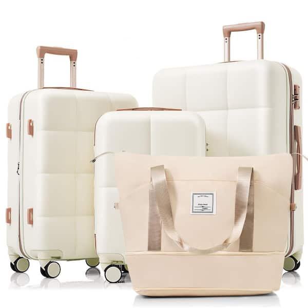 4-Piece White and Gold ABS Hardshell Spinner Luggage Set with Expandable Travel Bag, TSA Lock, Cup Holder, Hooks