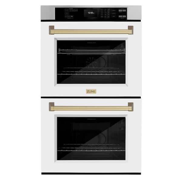 ZLINE Kitchen and Bath Autograph Edition 30 in. Electric Double Wall Oven with Convection in Stainless Steel, White Matte and Champagne Bronze