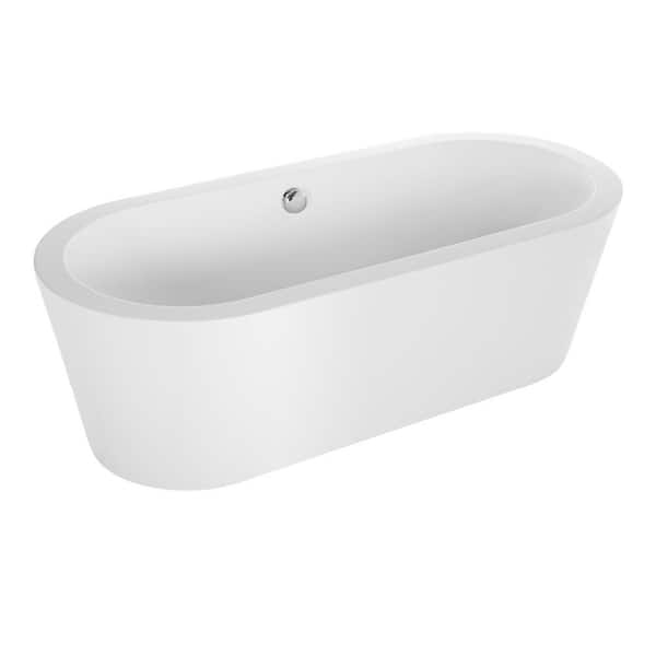 Empava 59 in. Acrylic Flatbottom Center Drain Oval Freestanding Soaking Bathtub in White with Polished Chrome Overflow Drain