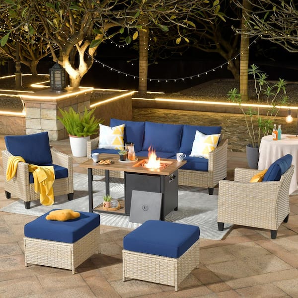HOOOWOOO Oconee 6-Piece Wicker Modern Outdoor Patio Conversation Sofa Seating Set with a Storage Fire Pit and Navy Blue Cushions