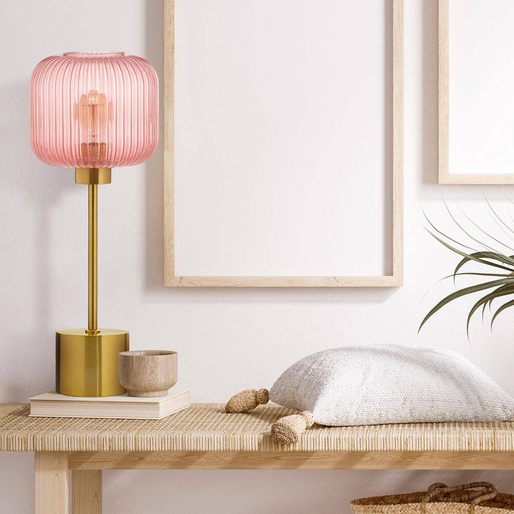 21.25" Brushed Gold Metal Table Lamp with Pink Glass Shade