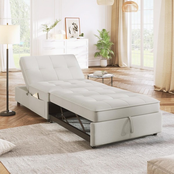 Harper & Bright Designs 26.75 in. White Linen Twin Size Single Sofa Bed, Convertible Folding Ottoman with USB Port, Storage Pocket