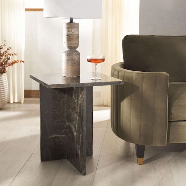 Adriano 18 in. Green/Brown Square Marble End Table