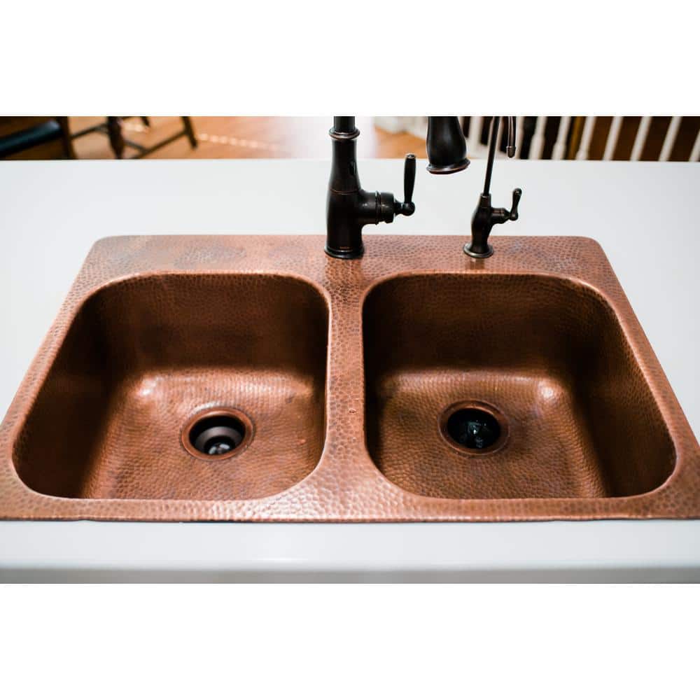 Santi Copper 33" Double Bowl Drop-In Kitchen Sink