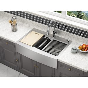 Blanchard Retrofit Workstation Dual Mount Stainless Steel 33 in. 2-Hole 60/40 Double Bowl Front Apron Kitchen Sink