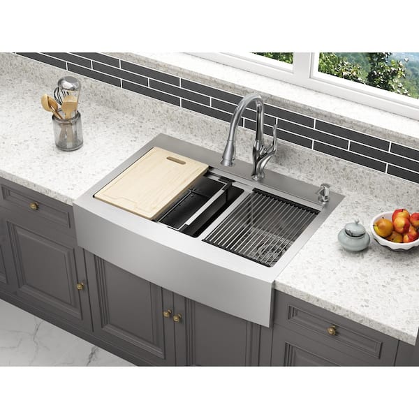 CMI Blanchard Retrofit Workstation Dual Mount Stainless Steel 33 in. 2-Hole 60/40 Double Bowl Front Apron Kitchen Sink