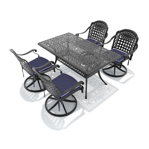 5-Piece Black Cast Aluminum Patio Outdoor Dining Set with Rectangular Table and 4 Swivel Chairs with Blue Cushions