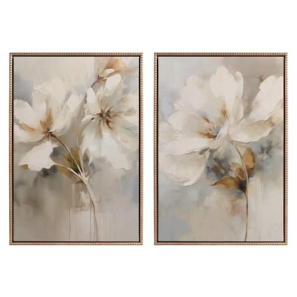 Sylvie Floral Linen Framed Canvas Wall Art Set 2-Piece Gold 23.00 in. x 33.00 in.