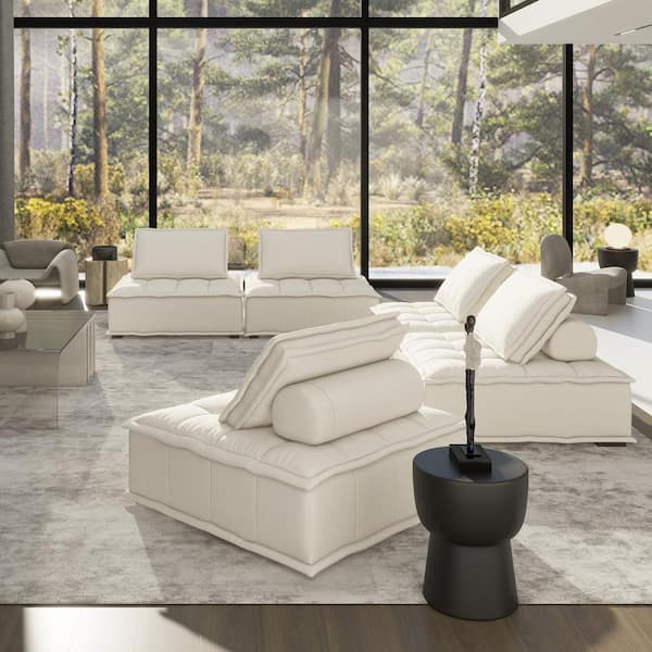 Jennifer Taylor Arwen 126 in. 5-Pieces Linen Sectional Sofa in White Beige Armless Rectangle Modular Pillow-Back