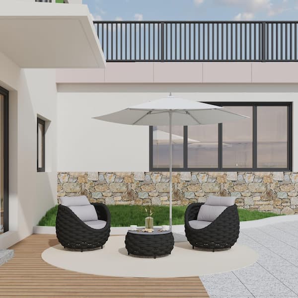 Bird's Nest Shaped Black Aluminum Frame 3-piece Woven Rope Outdoor Sectional Set with Coffee Table and Gray Cushions