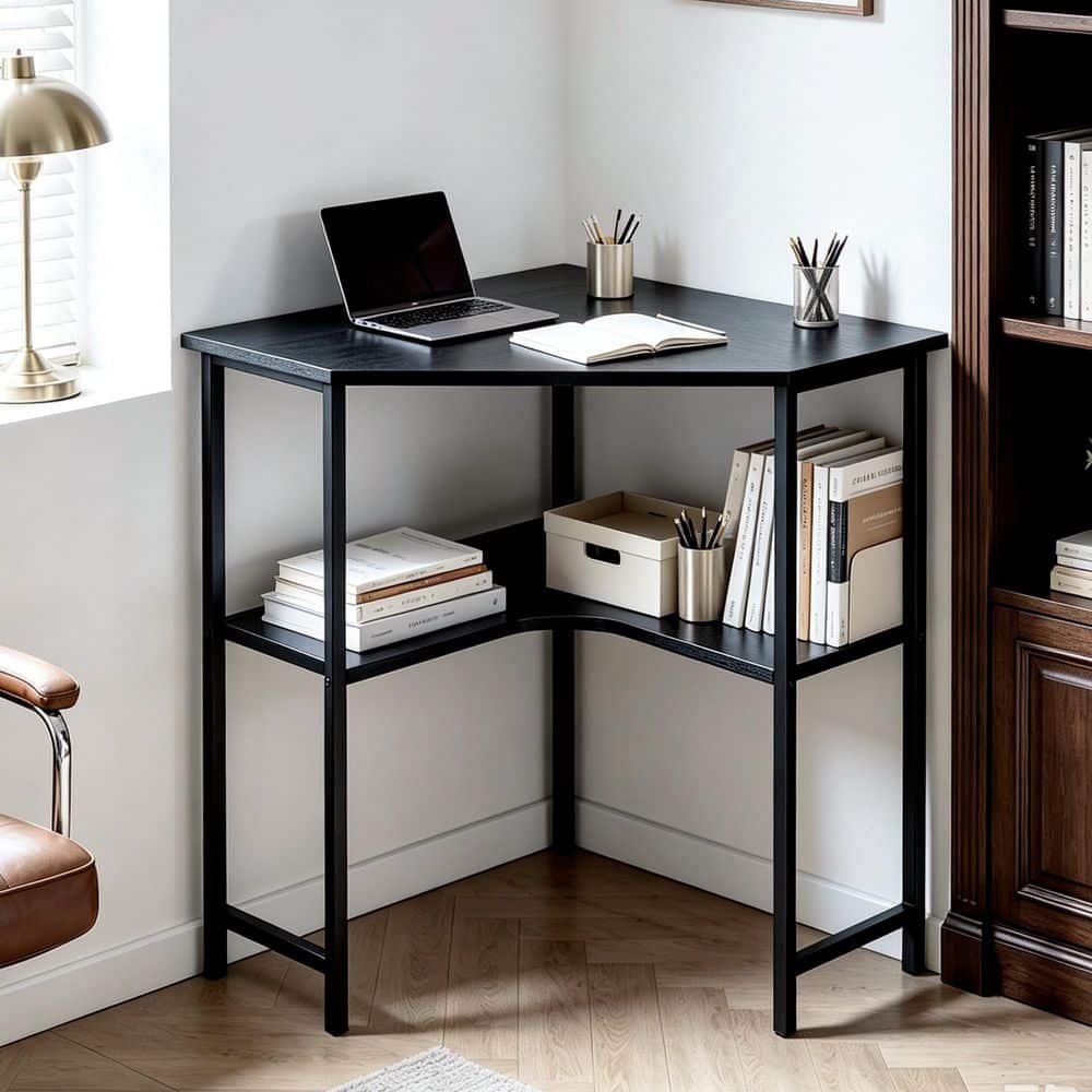 Corner Desk with Storage Shelf, 2-Tier Triangle Computer Desk for Small Spaces, 30 in. Table, Black Accent Cabinet price history on PriceWatchPro