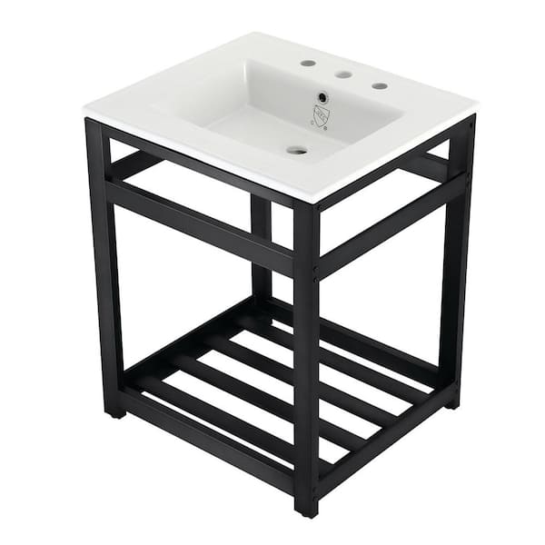 Kingston Brass 25 in. Ceramic Console Sink (8 in. in 3-Hole) with Stainless Steel Base in Matte Black