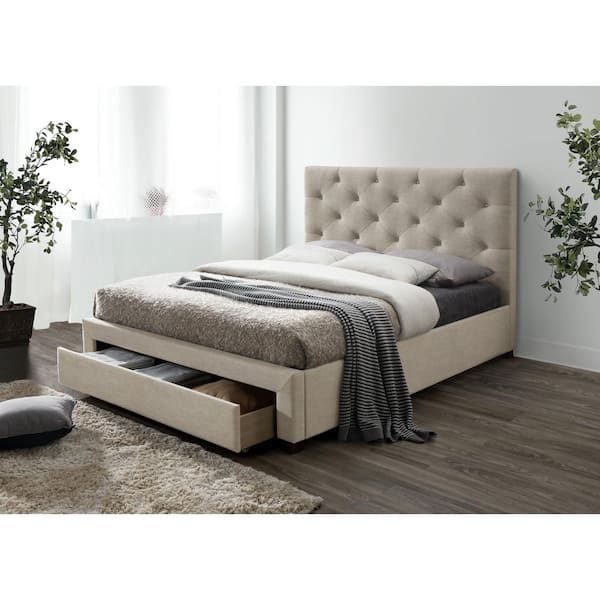 Stevies Beige King Upholstered Wood Frame Platform Bed Foot Drawer