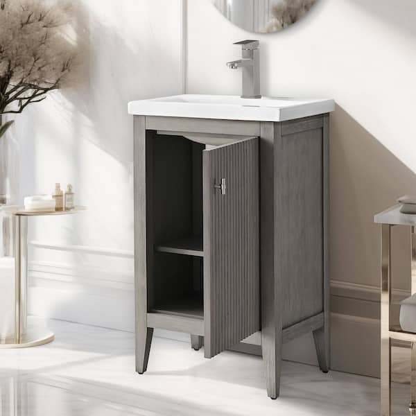 20 in. W x 15.7 in D x 34 in. H Single Sink Bath Vanity Cabinet in Linear Driftwood Gray with White Ceramic Top