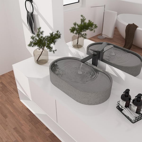 23.62 in. Concrete Oval Vessel Bathroom Sink in Mottled Bluish Gray with Matching Drain
