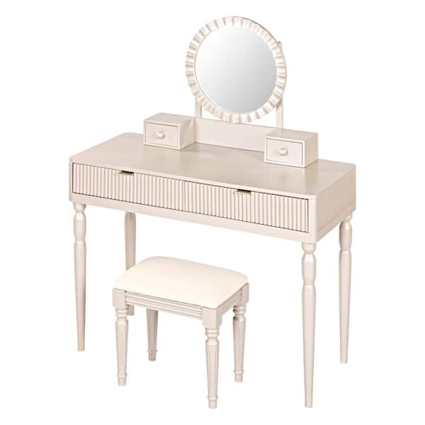 Luxury 39.4 in. Makeup Vanity Desk with Round Mirror Champagne Engineered Wood with Stool