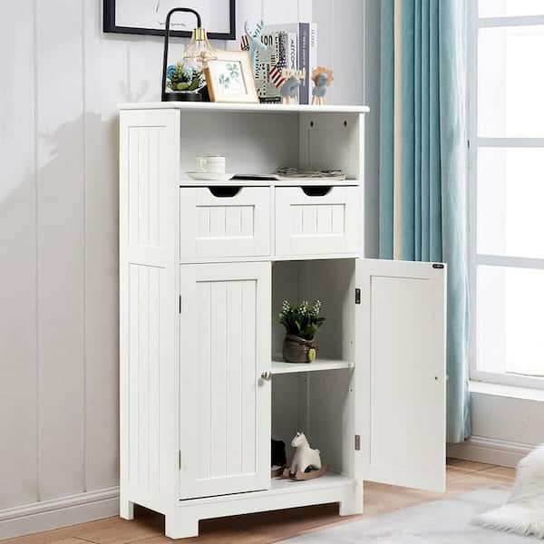 24 in. W Bathroom Floor Linen Cabinet Wooden Storage Organizer Side Cabinet W/2 Drawer 2 Doors White