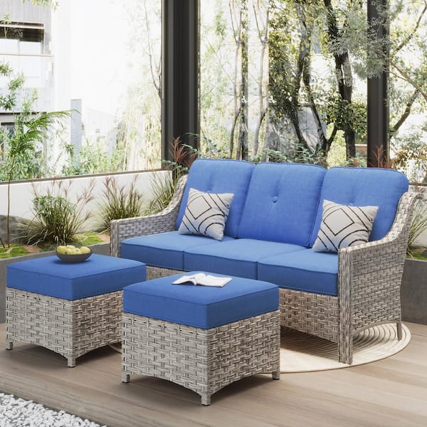 Toject Eureka Grey 3-Piece Modern Wicker Outdoor Patio Conversation Sofa Seating Set with Navy Blue Cushions